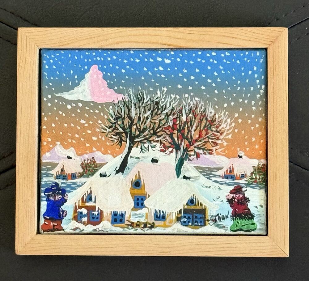 Signed Folk Art Winter Landscape Original Painting in Wood Frame-Snow Village